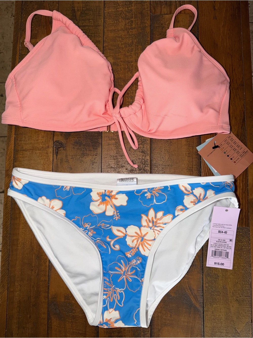 Target Pink Ribbed Bikini Top & Blue Floral Bikini Bottom
